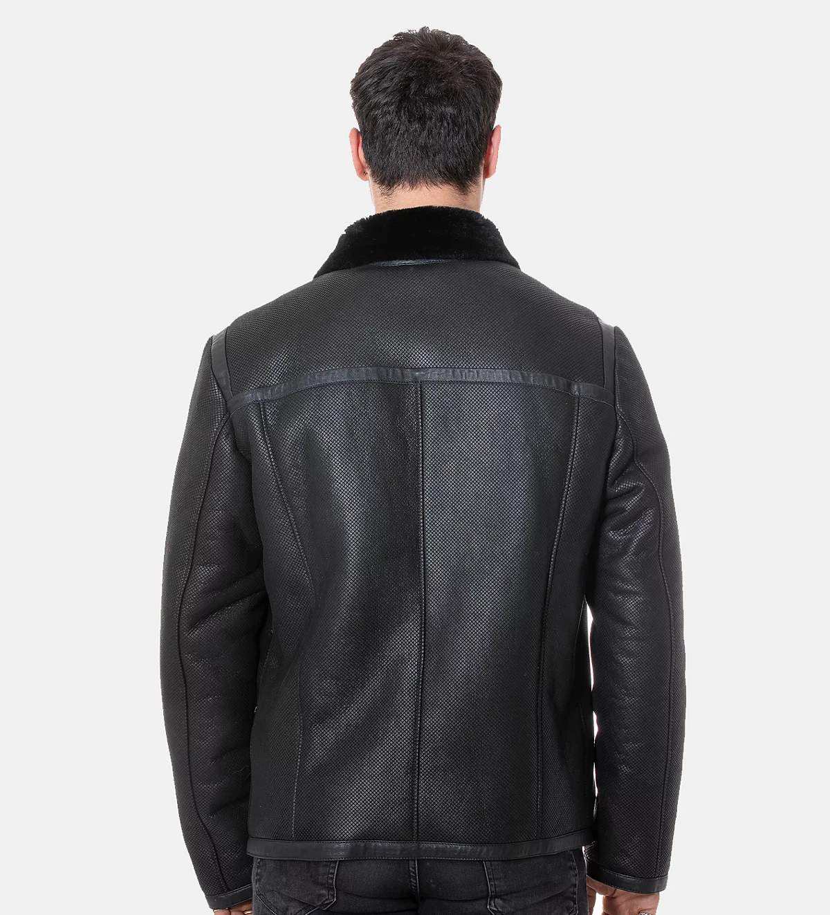 Mens Leather Banded Sheepskin Casual Jacket Geo Pattern with Black Wool 77190₽