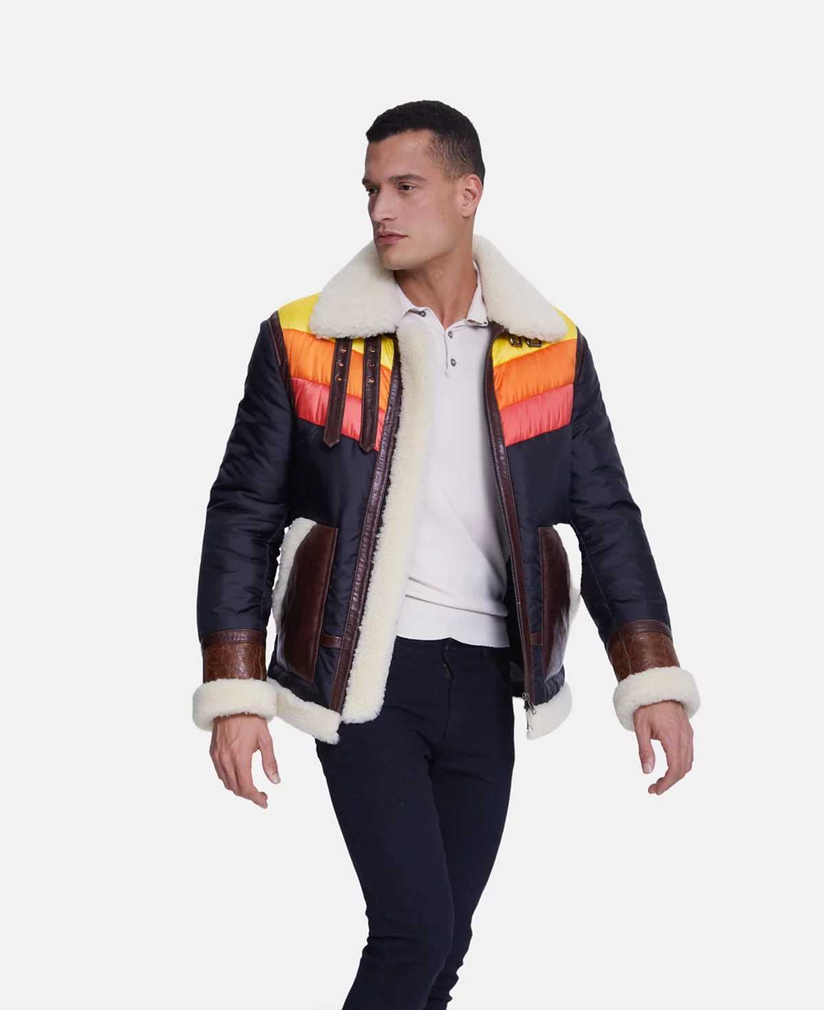 Mens Puffer Jacket Cracked Brown With Beige Curly Wool 75190₽