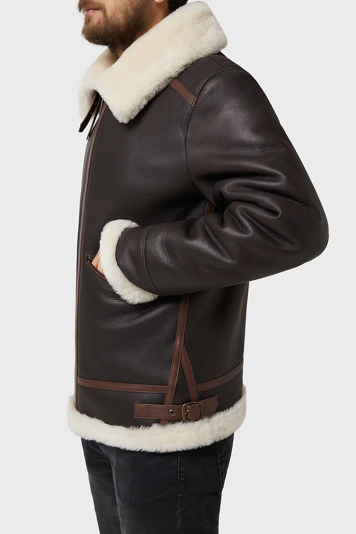 Mens Shearling Zipper Pockets Aviator Jacket Silky Brown with Beige Wool 76590₽