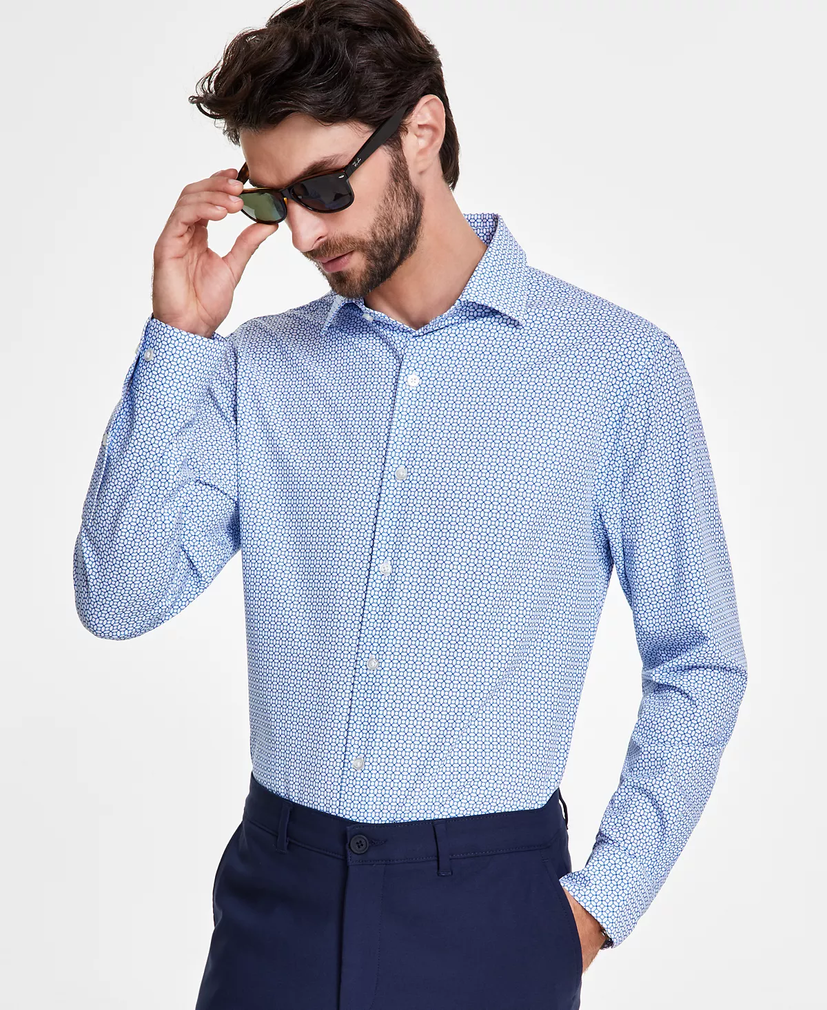 Мужская приталенная рубашка-медальон из стрейчевой ткани в 4-х полосную полоску созданная для Macys 6190₽