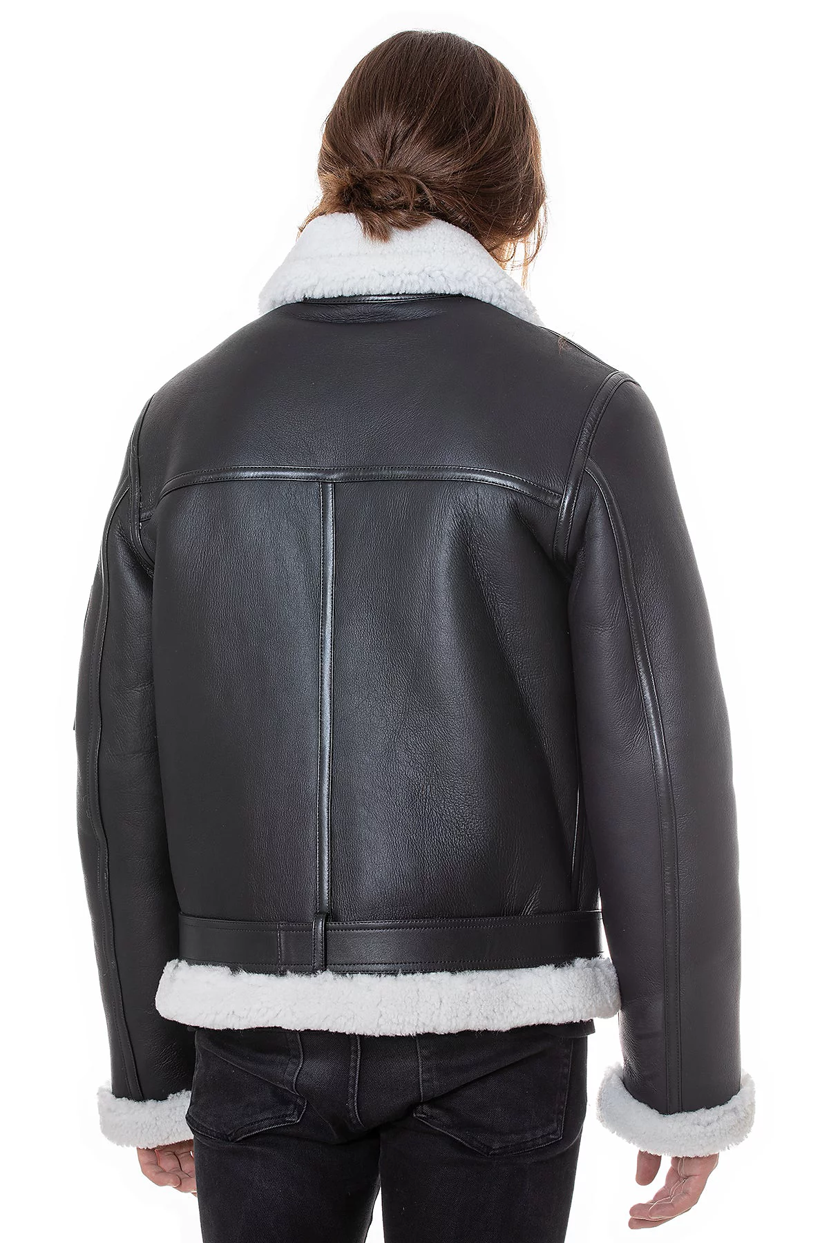 Mens Shearling Belted Pilot Jacket Silky Black with White Curly Wool 76590₽