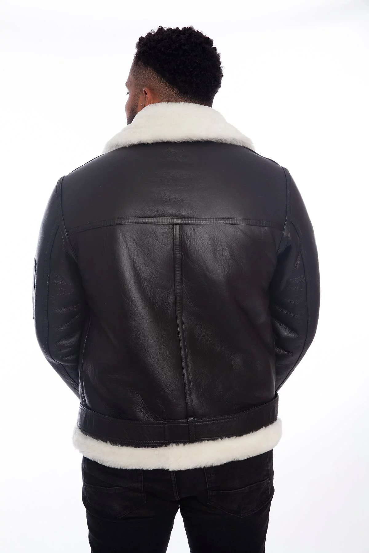 Mens Shearling Belted Pilot Jacket Silky Black with White Wool 77190₽