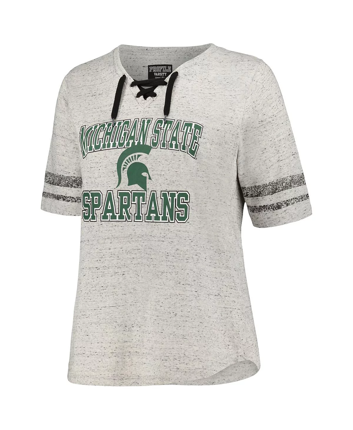 Womens Profile Heather Gray Distressed Michigan State Spartans Plus Size Striped Lace-Up T-shirt 6290₽
