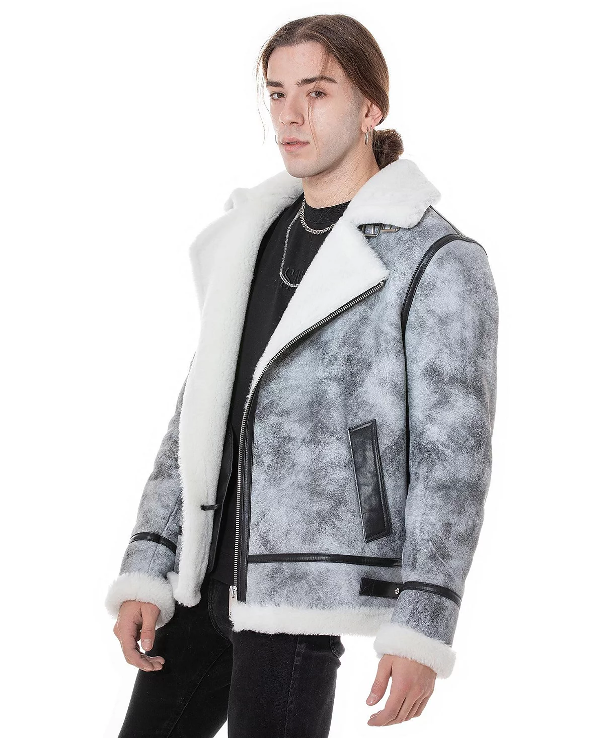 Furniq UK Men's Shearling Biker Jacket, Natural Dying Grey with White Wool