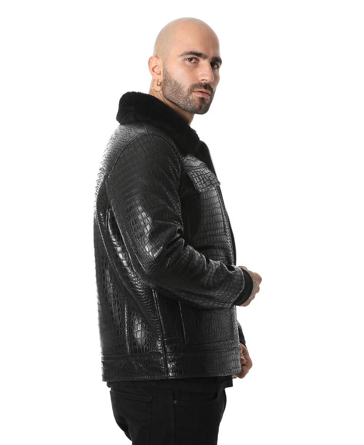 Black Leather Bomber Jacket Crocodile Emboss 77190₽