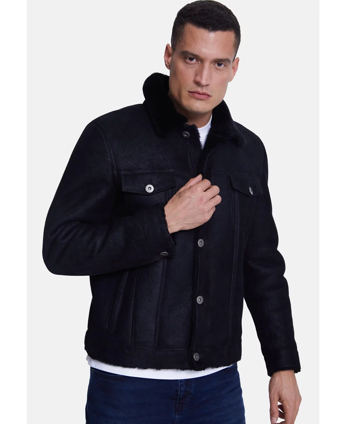 Mens Casual Jacket Washed Black With Black Wool 77190₽
