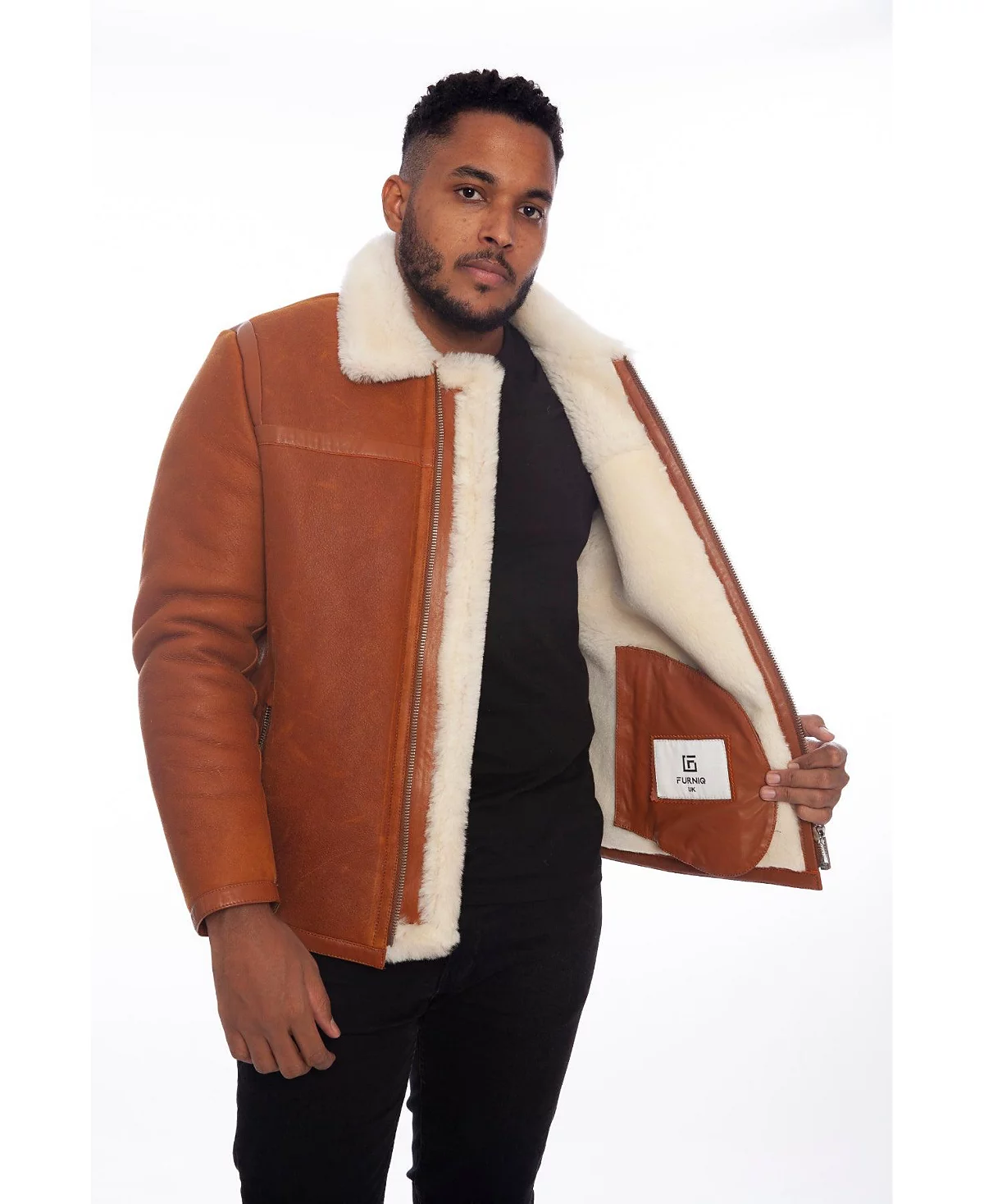 Mens Leather Banded Sheepskin Casual Jacket Washed Whiskey with White Wool 132190₽