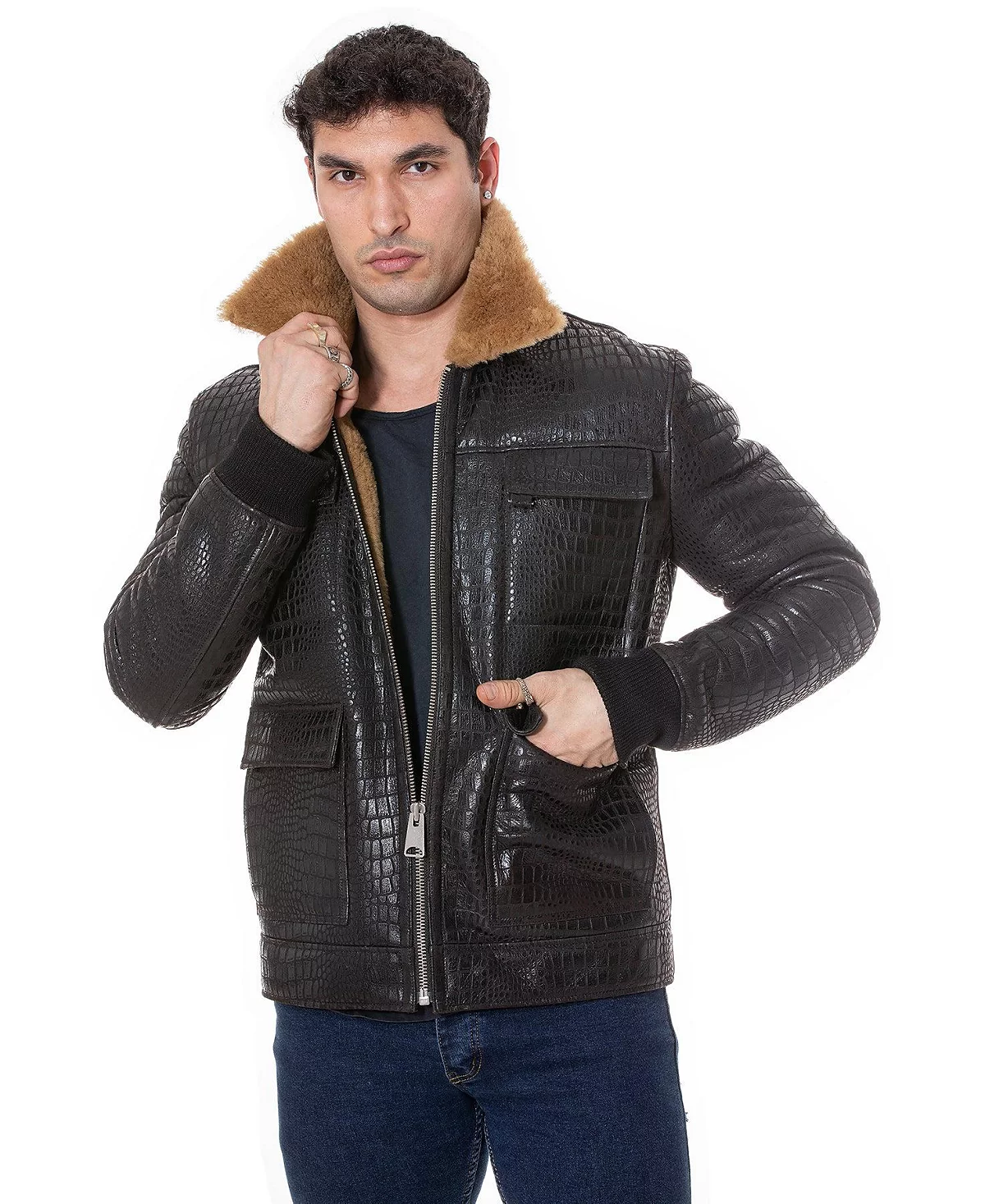 Mens Shearling Bomber Jacket Brown Crocodile Emboss with Ginger Wool 77190₽