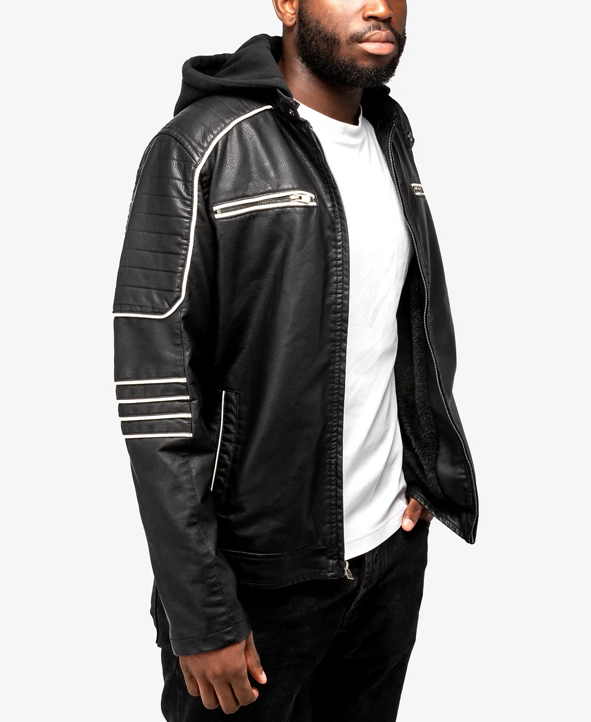X-Ray Mens Grainy Polyurethane Moto Jacket with Hood and Faux Shearling Lining 18690₽