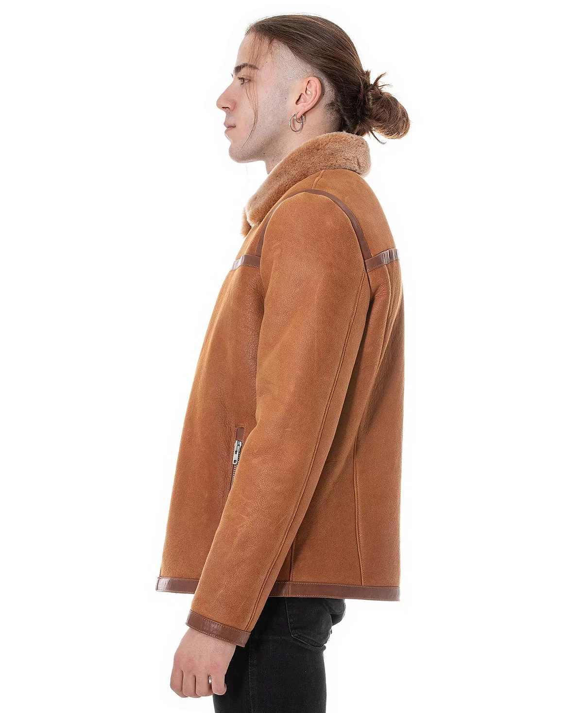 Men's Leather Banded Sheepskin Casual Jacket, Washed Tan with Brissa Wool