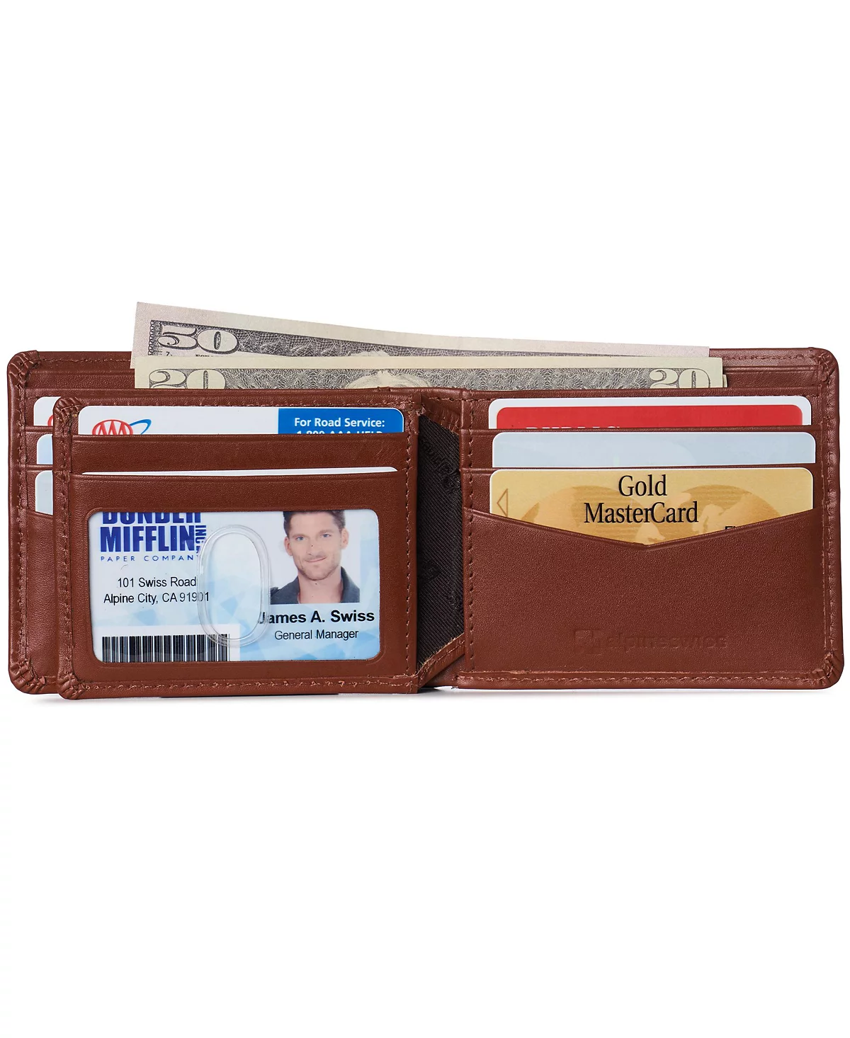 Alpine Swiss Mens RFID Protected Leather Wallet Center Flip Commuter Bifold 2 ID