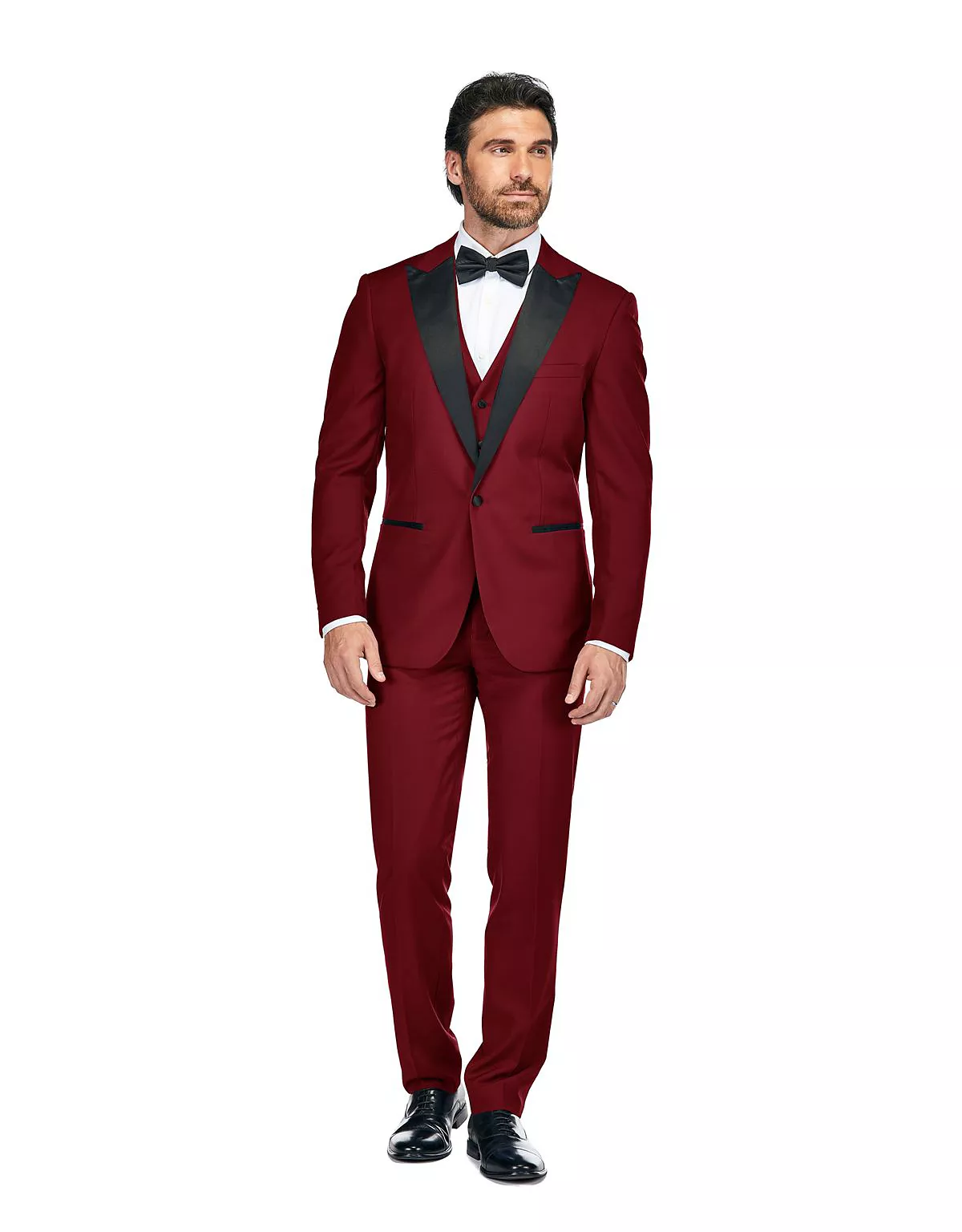 Мужской приталенный смокинг из 3 частей с отворотом-козырьком