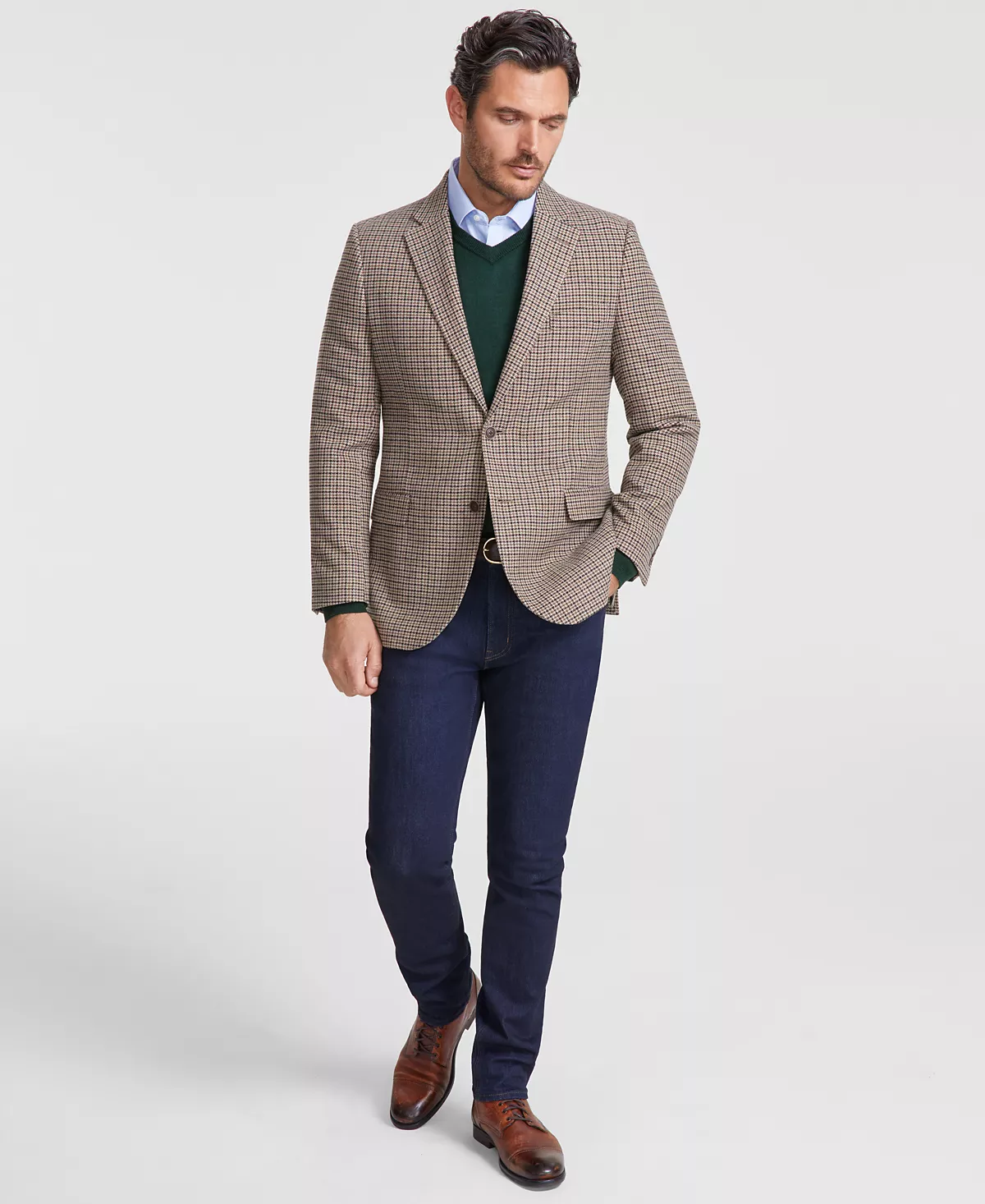 Мужское спортивное пальто из коричневого твида в клетку современного покроя 11390₽