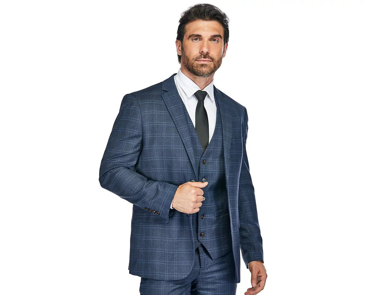 Приталенный мужской костюм в синюю клетку из 3 предметов, сшитый на заказ