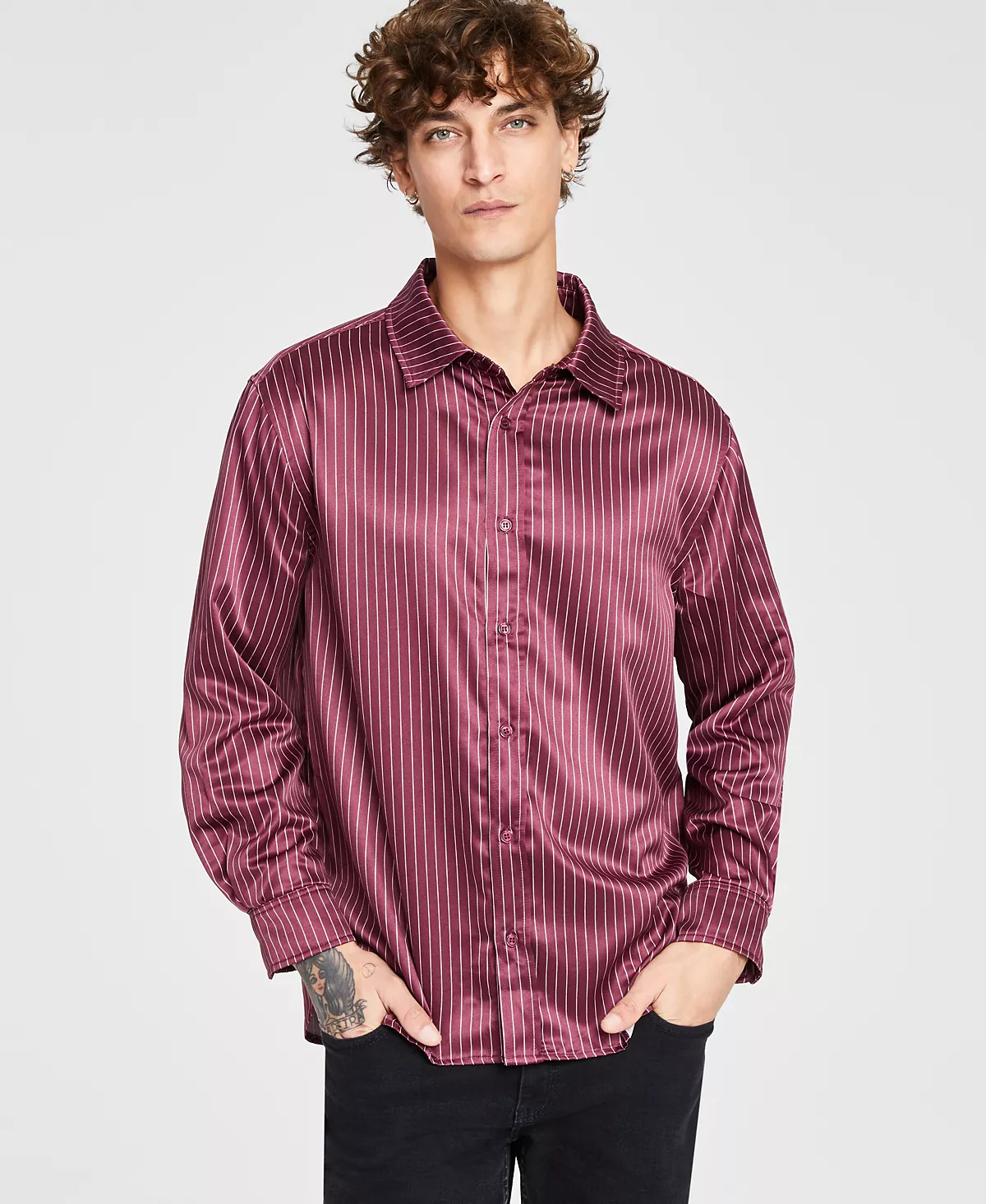 Мужская полосатая атласная рубашка с длинным рукавом и пуговицами спереди