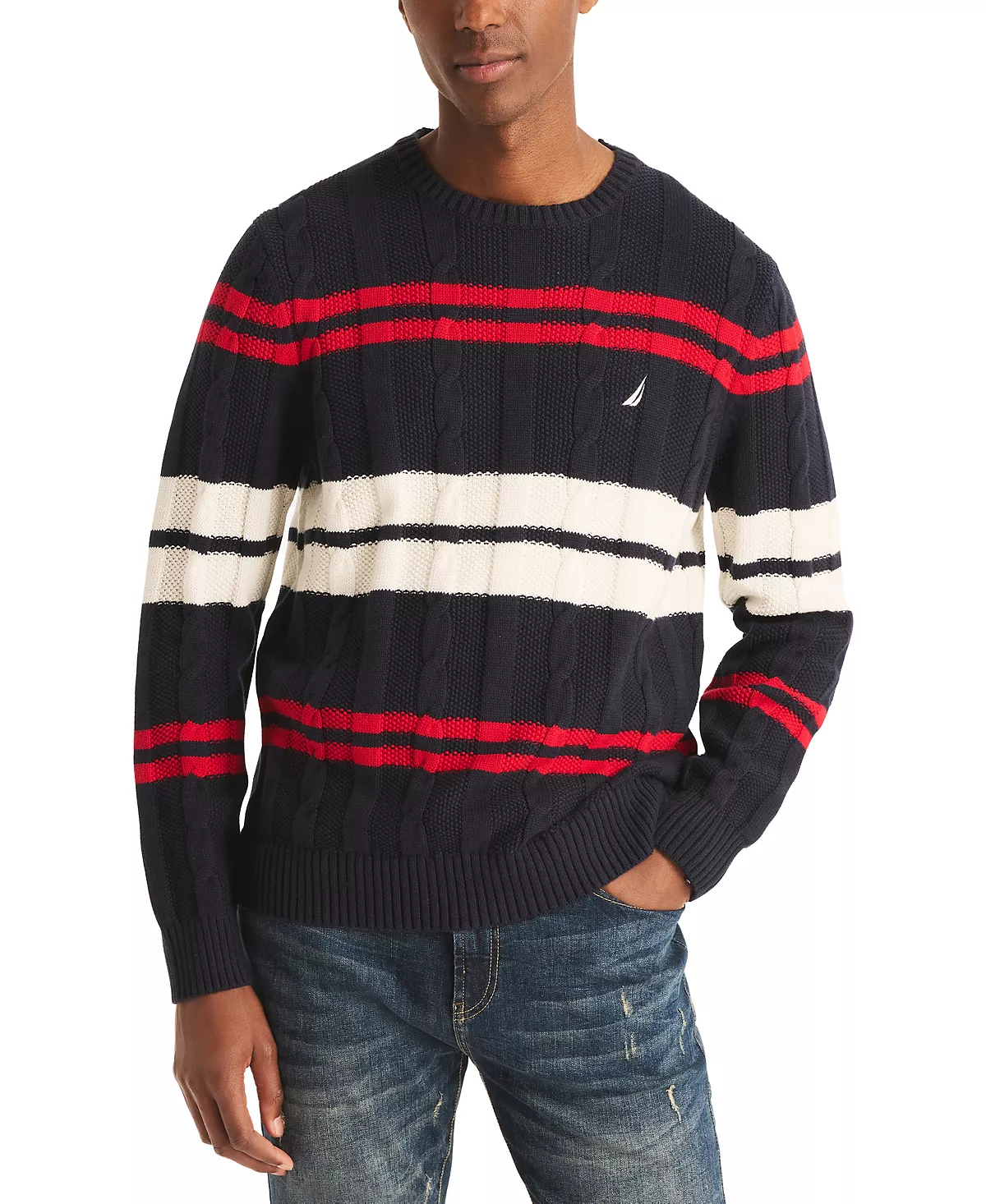 Мужской полосатый свитер кабельной вязки с круглым вырезом и длинными рукавами 12290₽