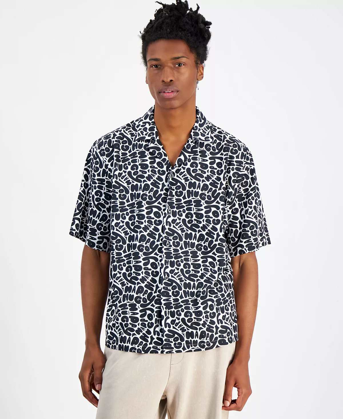 Мужская рубашка свободного кроя Eligino от HUGO by свободного кроя с коротким рукавом и логотипом Camp на пуговицах спереди 11190₽