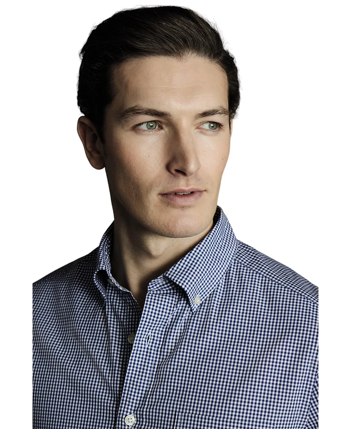 Мужская приталенная рубашка Charles Tyrwhitt с воротником-стойкой на пуговицах из негладкого эластичного материала в мини-клетку с коротким рукавом 16990₽