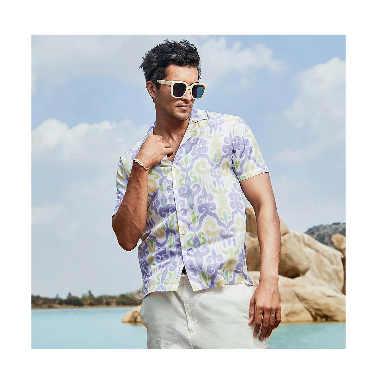 Мужская сиренево-бледно-желтая этническая рубашка 11990₽