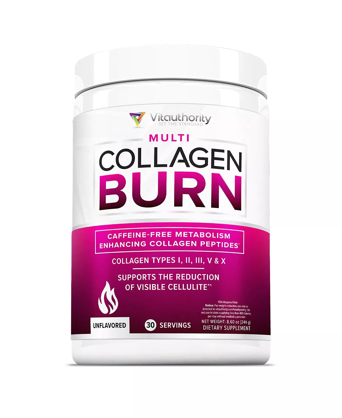 Multi Collagen Burn Powder, порошок с гидролизованными коллагеновыми пептидами типов I, II, III, V, X для поддержки похудения, без вкуса, 30 порций