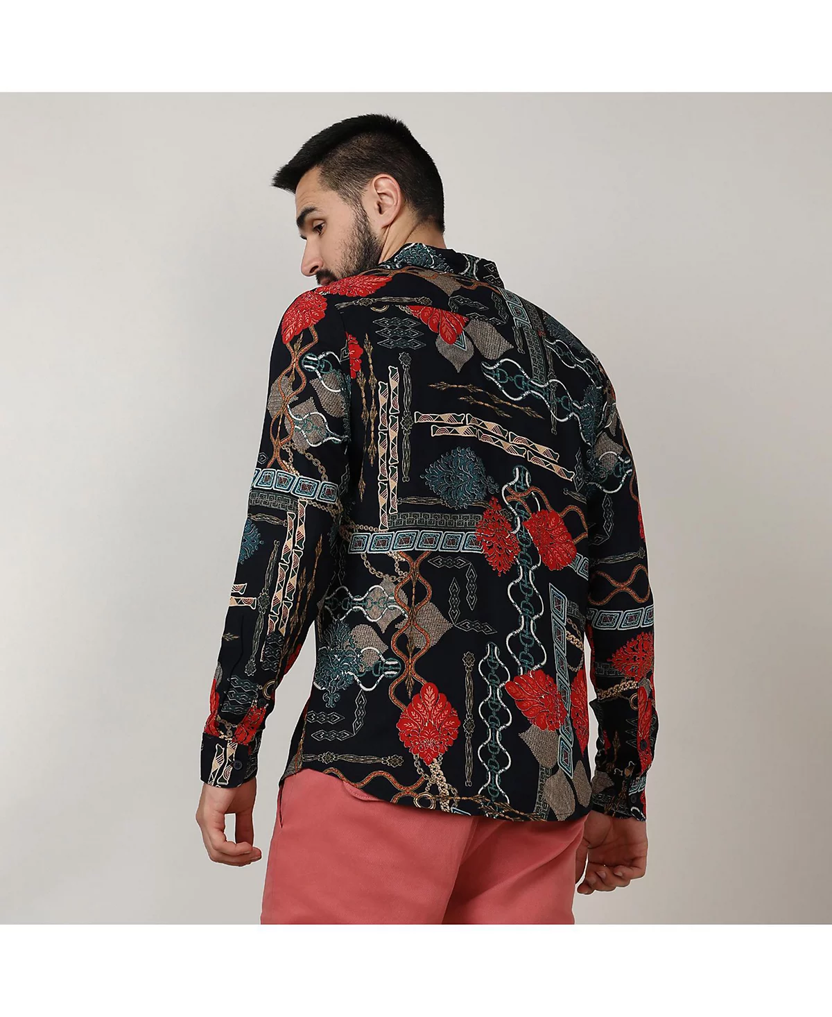 Мужская малиново-красная и бирюзово-зеленая рубашка в художественном стиле