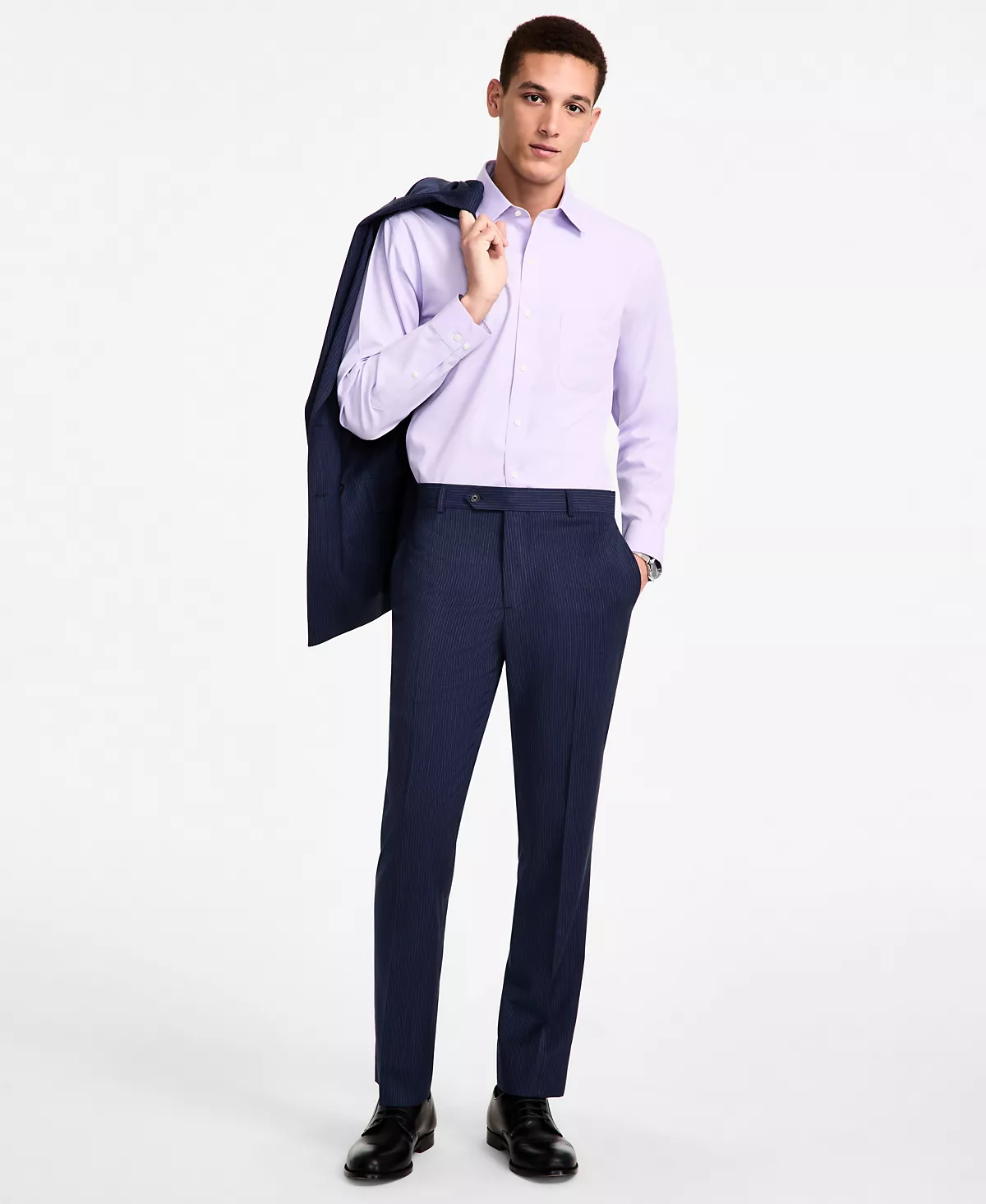 Мужские стрейчевые костюмные брюки классического кроя из смесовой шерсти в тонкую полоску B by 25290₽