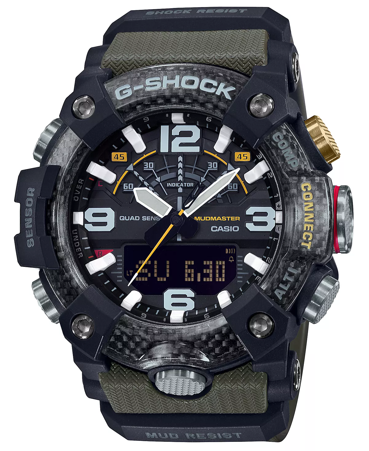 Мужские часы G-Shock с аналого-цифровым подключением Mudmaster на зеленом и черном ремешке из смолы, 53,1 мм