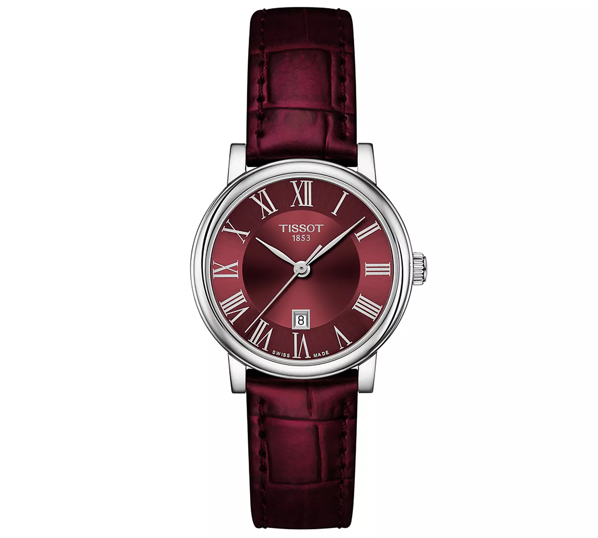 Женские швейцарские часы Tissot Carson Premium Lady бордового цвета с кожаным ремешком 30 мм