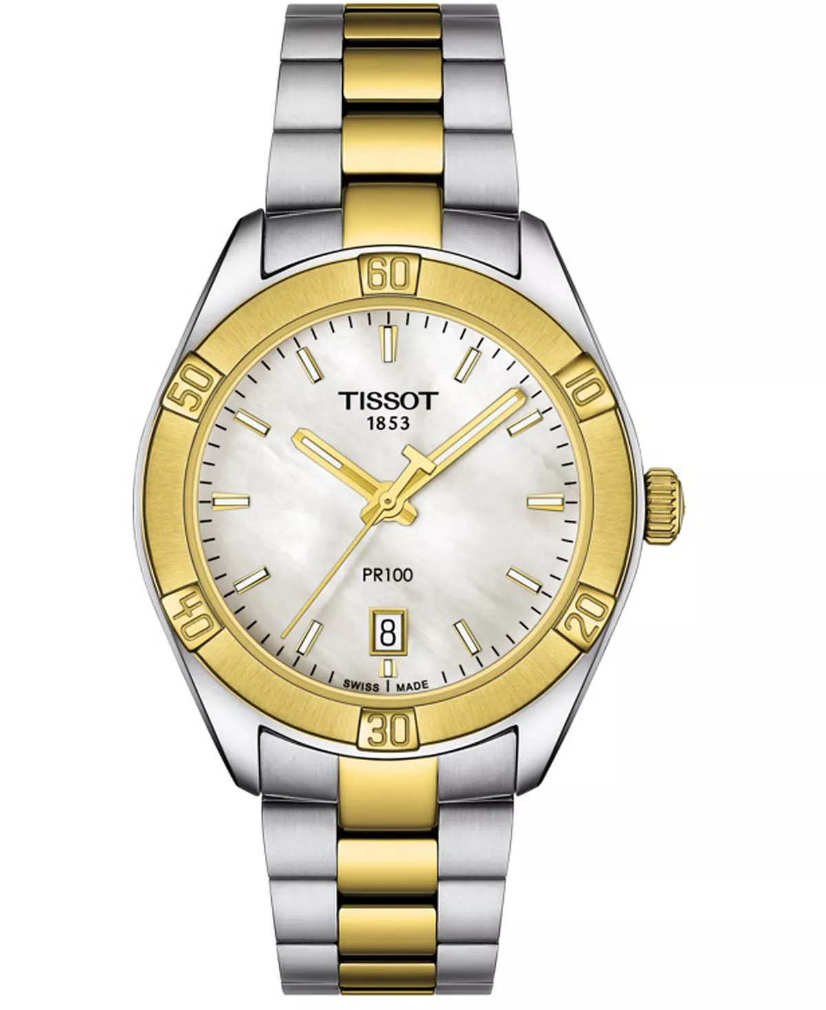 Женские швейцарские часы Tissot Swiss PR 100 Sport Chic T-Classic с двухцветным браслетом из нержавеющей стали 36 мм