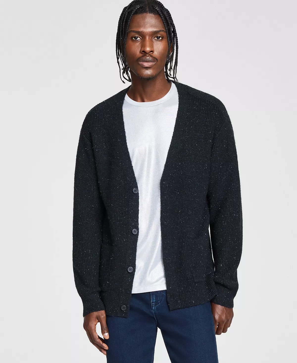 Мужской кардиган-джемпер в рубчик с блестками спереди на пуговицах из блестящей мишуры