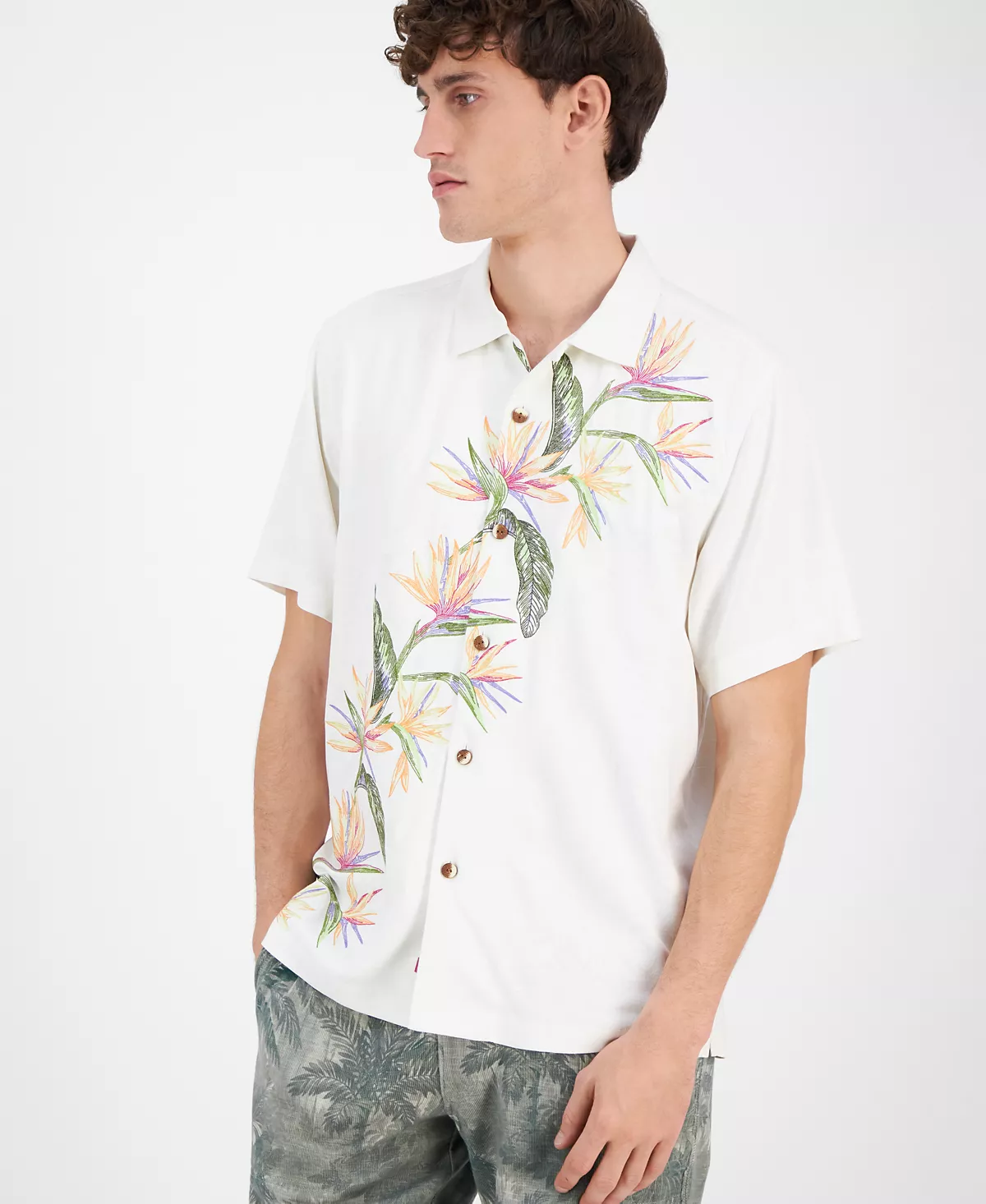 Мужская шелковая рубашка на пуговицах Tommy Bahama с коротким рукавом и вышитыми листьями через весь Рай