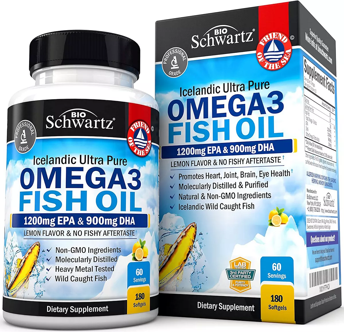 Добавка к рыбьему жиру BioSchwartz Triple Strength Omega 3 - 2250 мг ЭПК И ДГК Омега-3 Жирных кислот, Полученных из Дикой Рыбы, Для поддержания здоровья Суставов, Глаз и Мозга - Со вкусом лимона без отрыжек, без глютена, 180 капсул Омега-3