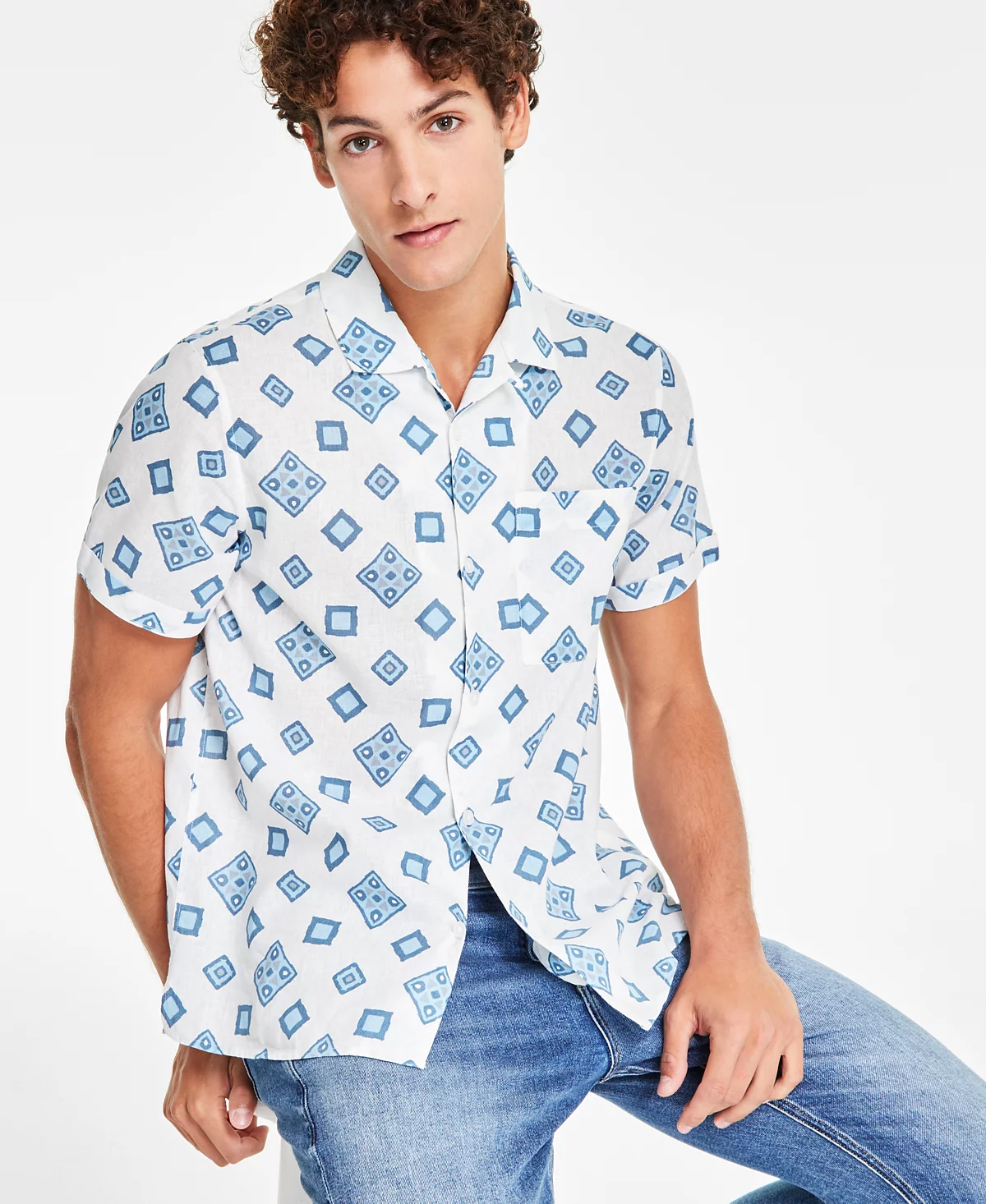 Мужская рубашка из льняной смеси Sun Stone от Sun Stone Leblanc обычного кроя с геопринтом на пуговицах созданная для Macys 6090₽