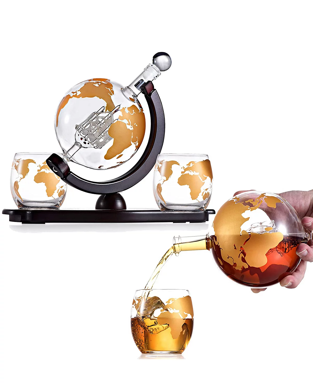 Цветной графин-глобус Bezrat с бокалами-глобусами, набор из 4-х