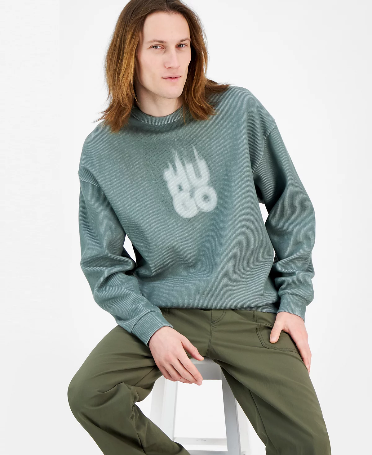 Dinkam Хьюго Босс мужские негабаритных подходят длинные рукава ребристые логотип толстовка 28190₽