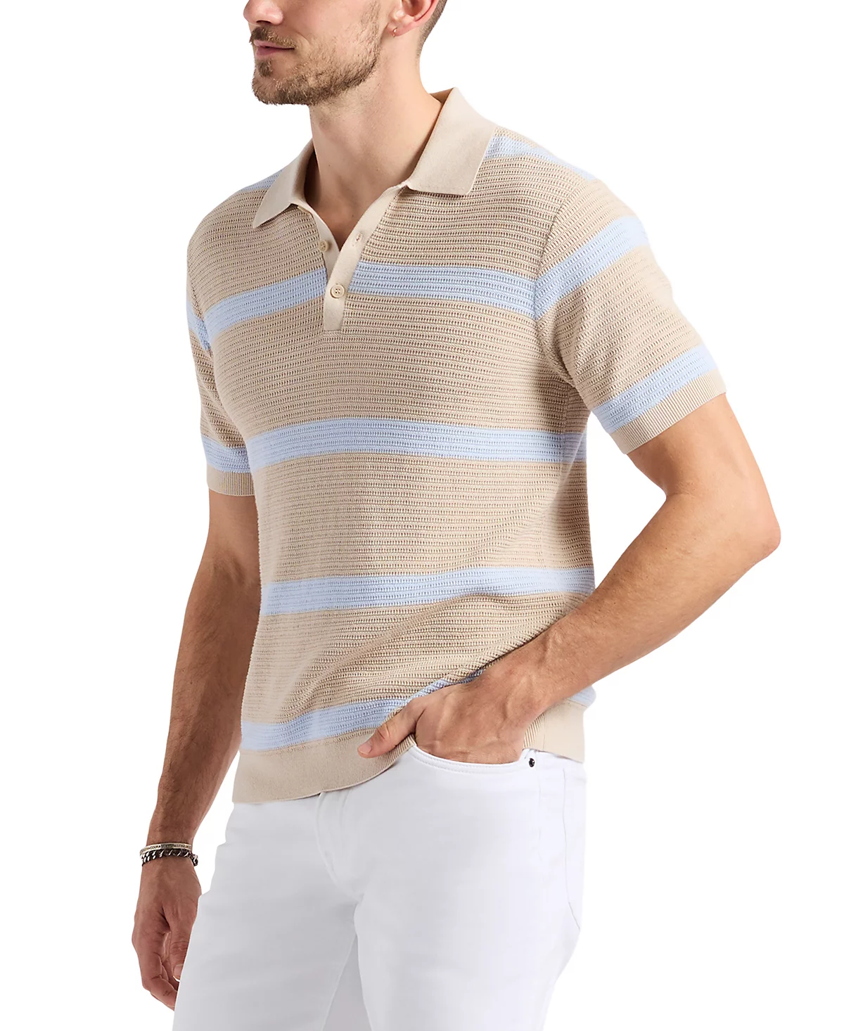 Мужской вязаный свитер поло в полоску с коротким рукавом и текстурой намотки 9890₽