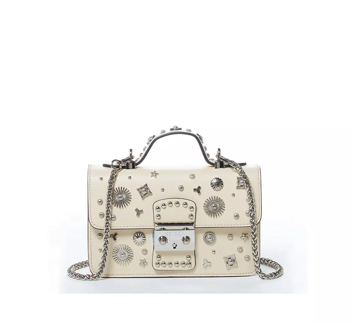 Голливудское кожаное платье через плечо с заклепками и ванильным кремом 36490₽