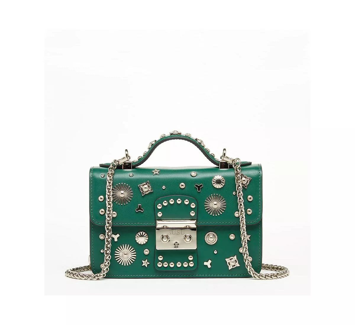 Зеленая кожаная сумка через плечо с голливудскими заклепками 36490₽