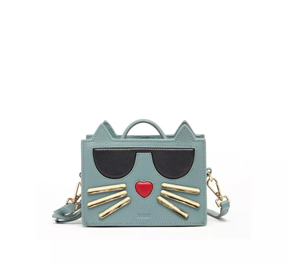 Кожаная кошачья сумочка через плечо Минерально-синего цвета