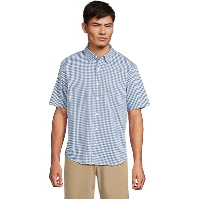 Мужская рубашка L.L.Bean Comfort Stretch Performance Shirt, Short Sleeve, Slightly Fitted, Plaid bright blue