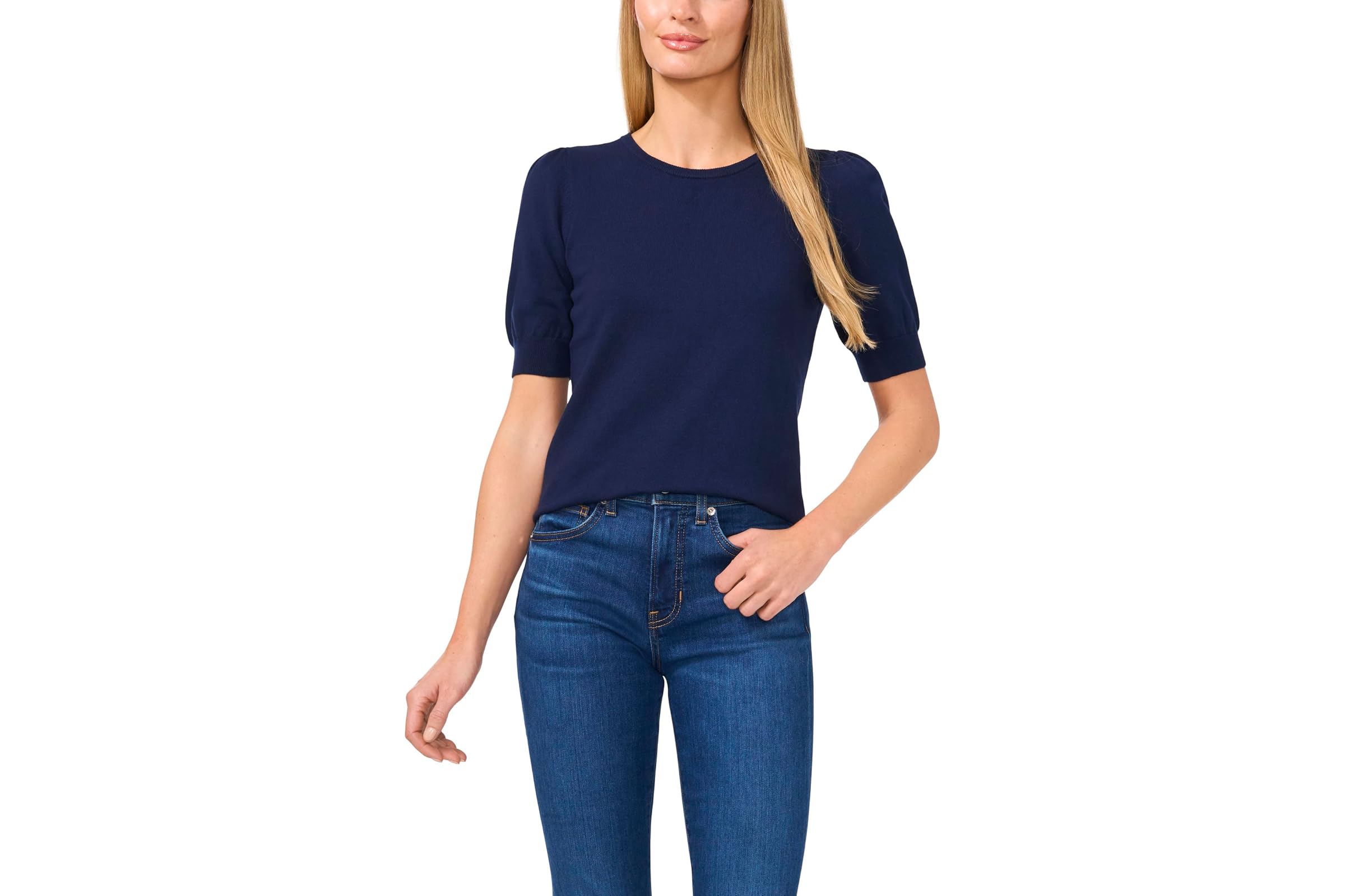 CeCe Short Sleeve Crew Neck Pearl Button Back Sweater 8890₽