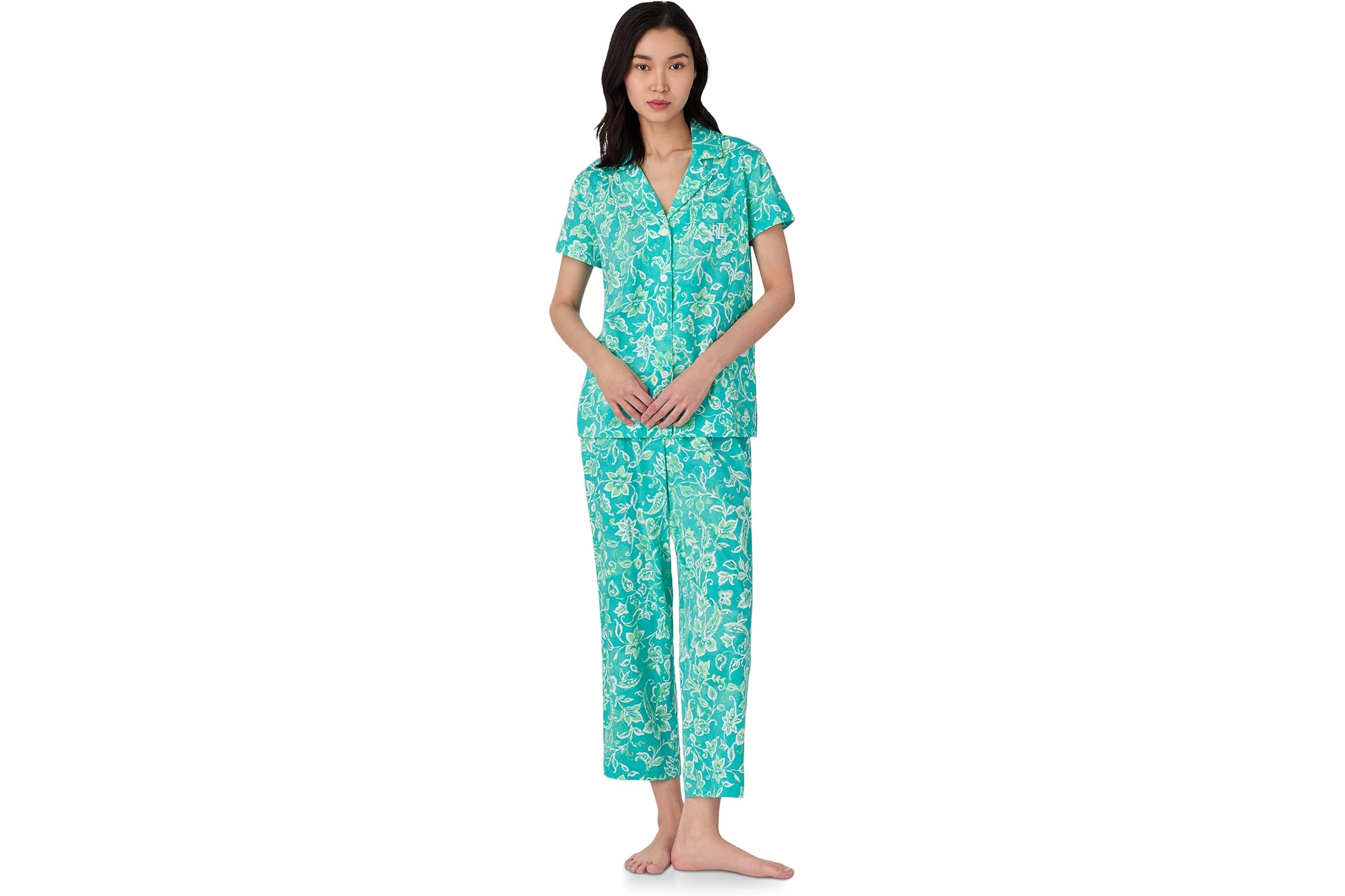 Lauren Ralph Lauren Short Sleeve Notch Collar Cropped Pant Pajama Set 12290₽