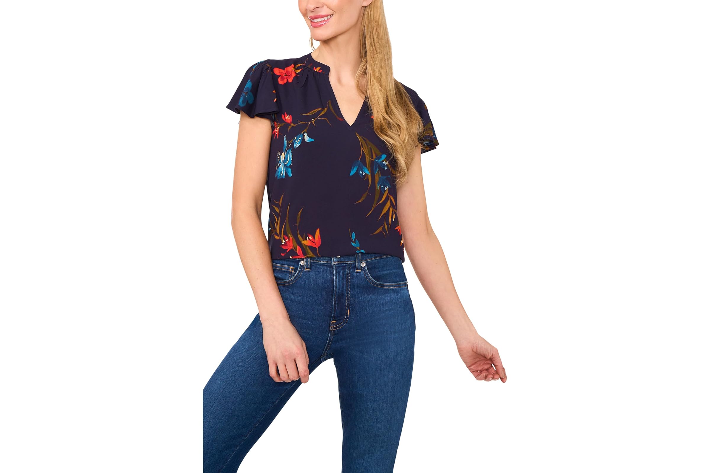 CeCe V-neck Shirred Neck Flutter Sleeve Blouse