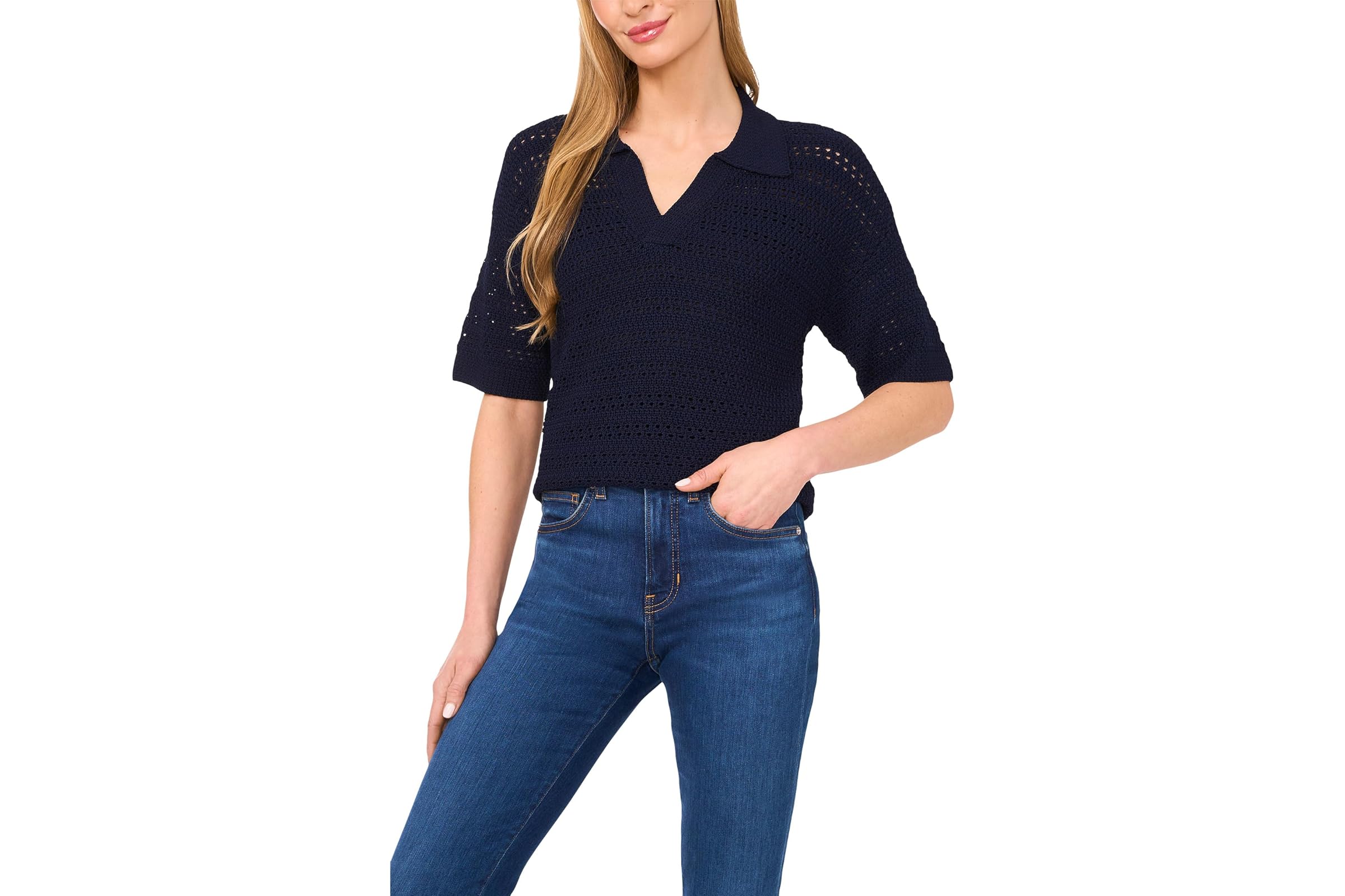 CeCe Open Knit Popover Polo Sweater 7090₽