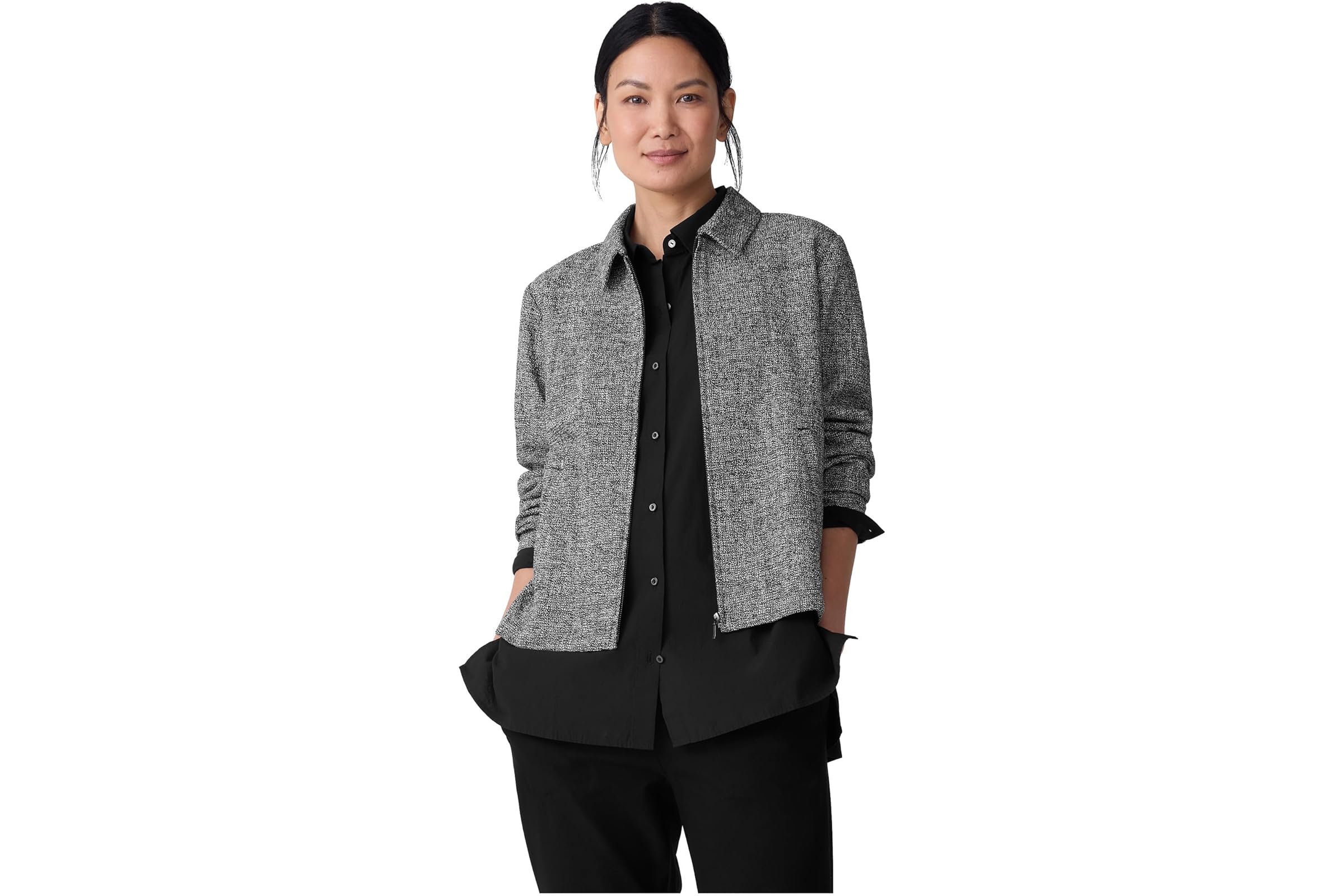 Eileen Fisher Cotton Tweed Classic Collar Zip Jacket 50690₽