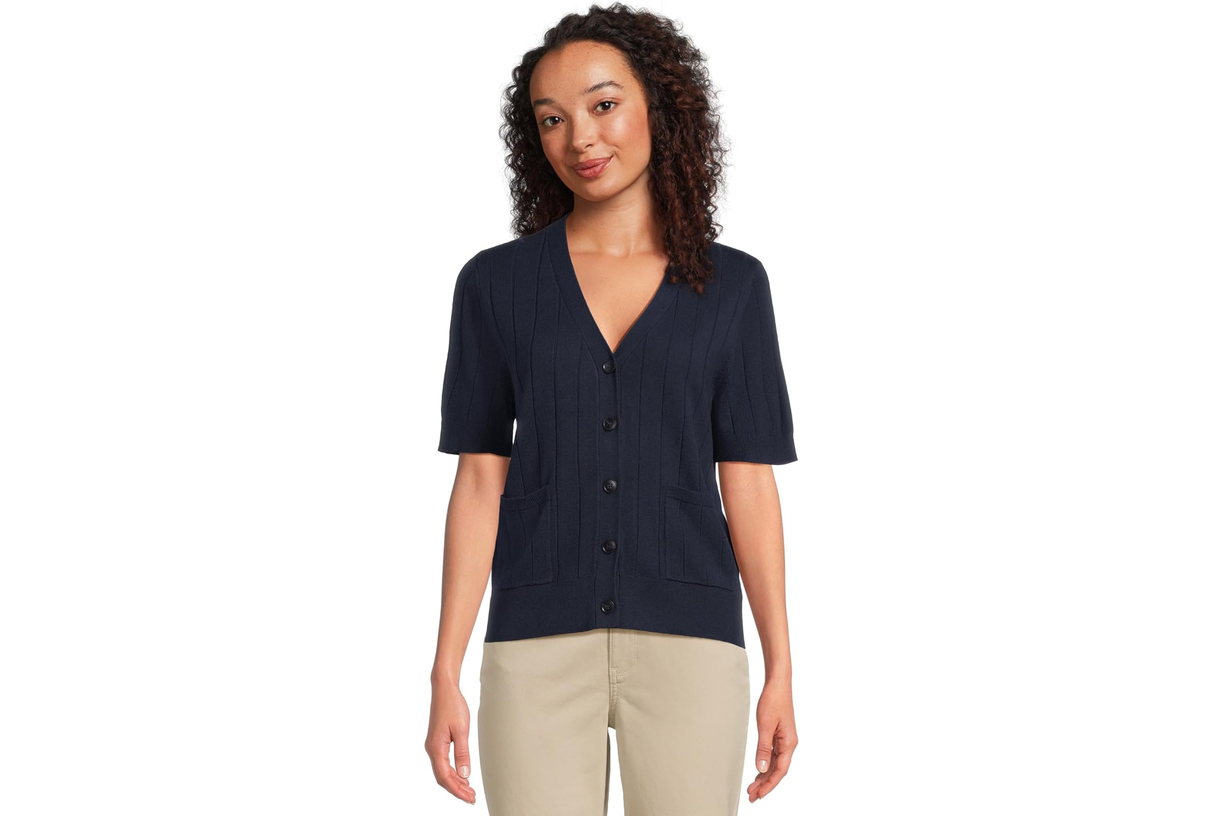 Vince Camuto Rib Short Sleeve V-Neck Cardigan with Pockets 8690₽