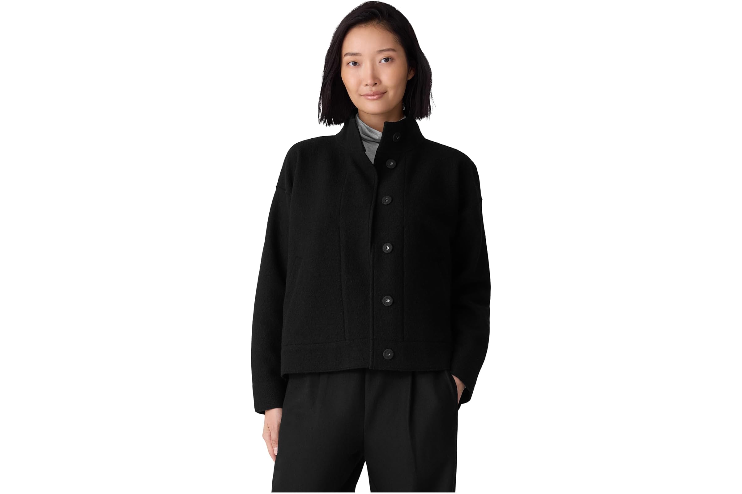 Eileen Fisher Lightweight Boiled Wool Stand Collar Jacket With Pockets 70490₽