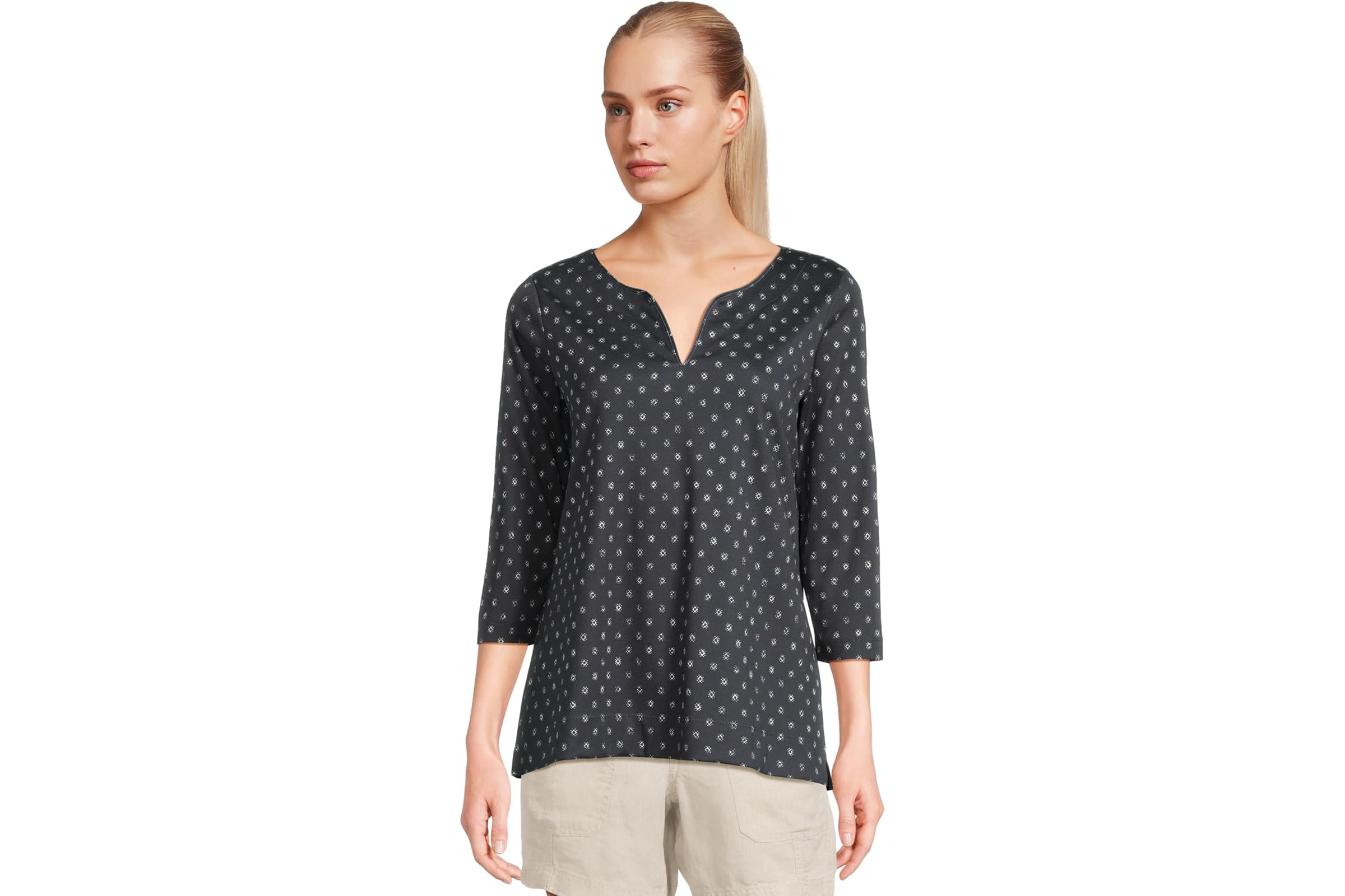 LLBean Pima Tops Split-Neck Tunic 34 Sleeve Print 8990₽