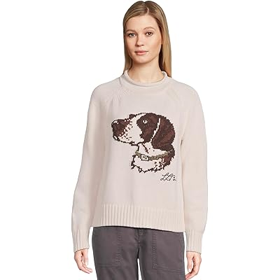 L.L.Bean Signature Original Cotton Rollneck Novelty Sweater cream dog