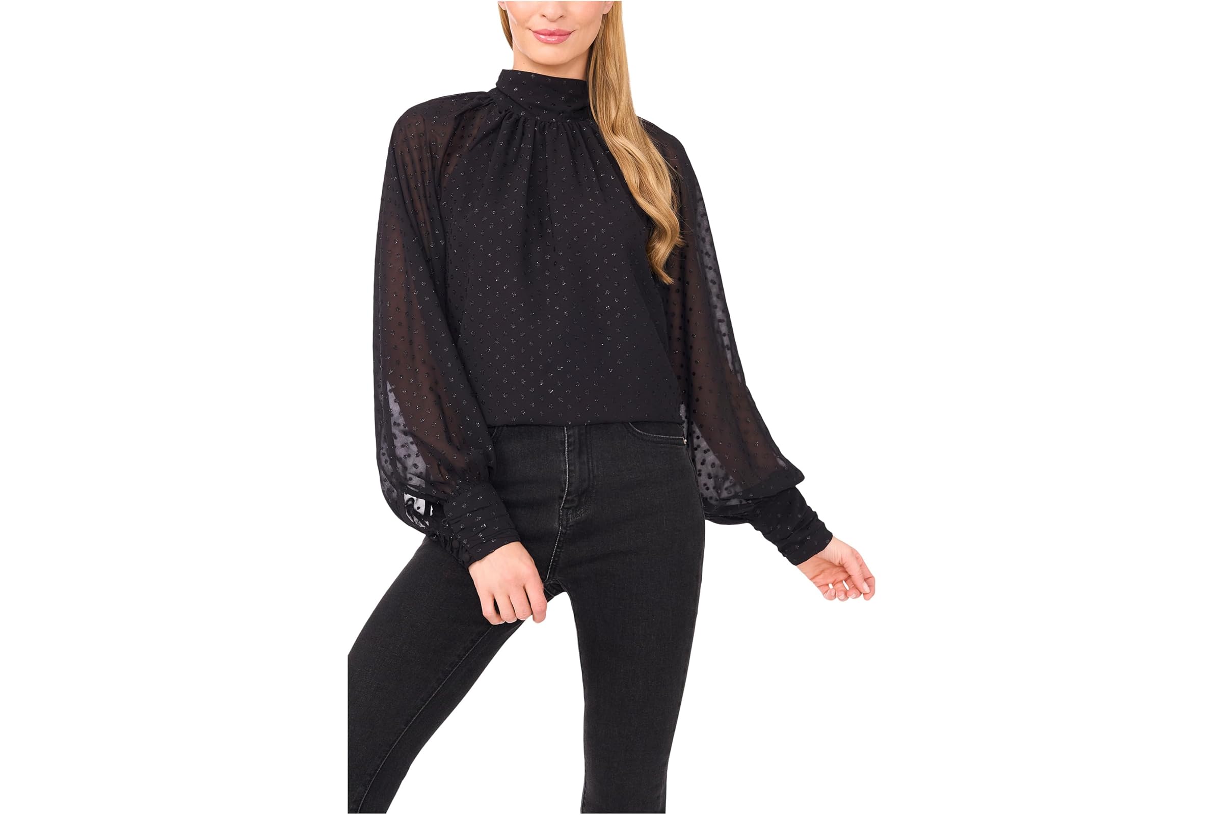CeCe Long Sleeve Bow Neck Clip Dot Blouse